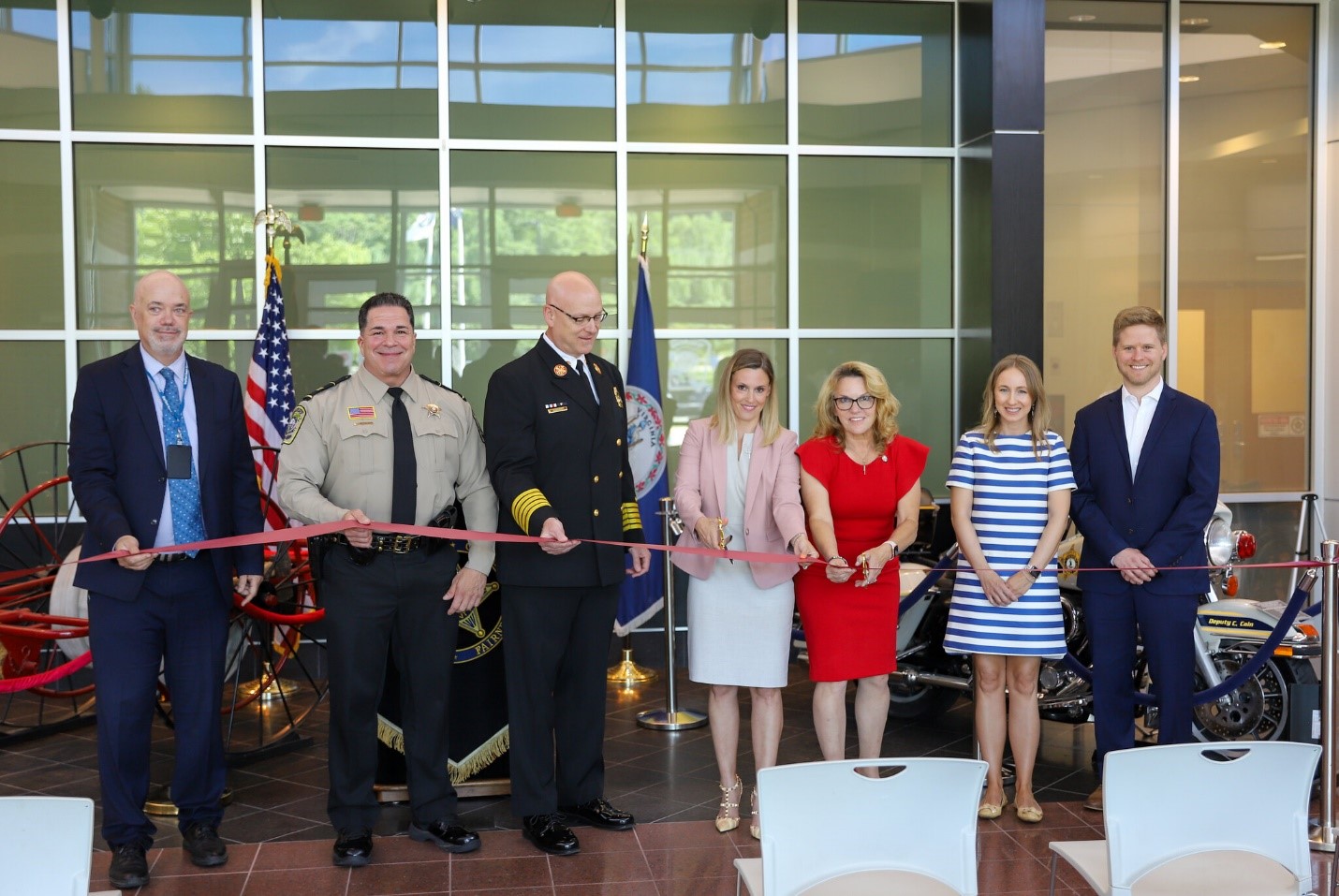 From left to right: Chief Technology Officer Mike Cannon, Sheriff David Decatur, Fire Chief Joseph Cardello, Board of Supervisors Chair Crystal Vanuch, Vice-Chair Cindy Shelton, NVERS Executive Director Kristin Nickerson, and NVERS Program Director Andrew Slater